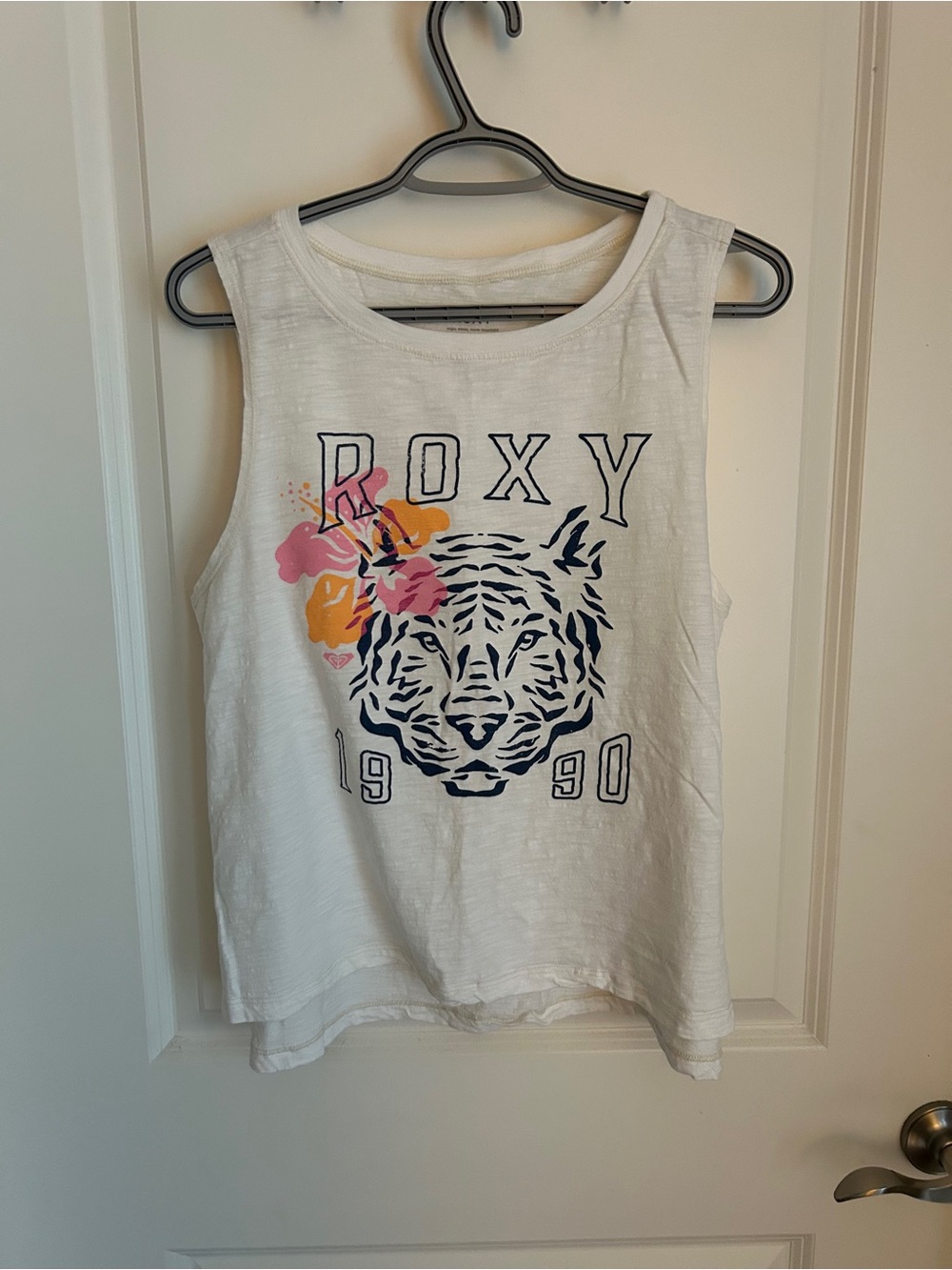 Roxy White Tank Top with Navy Tiger and Pink Floral Accent